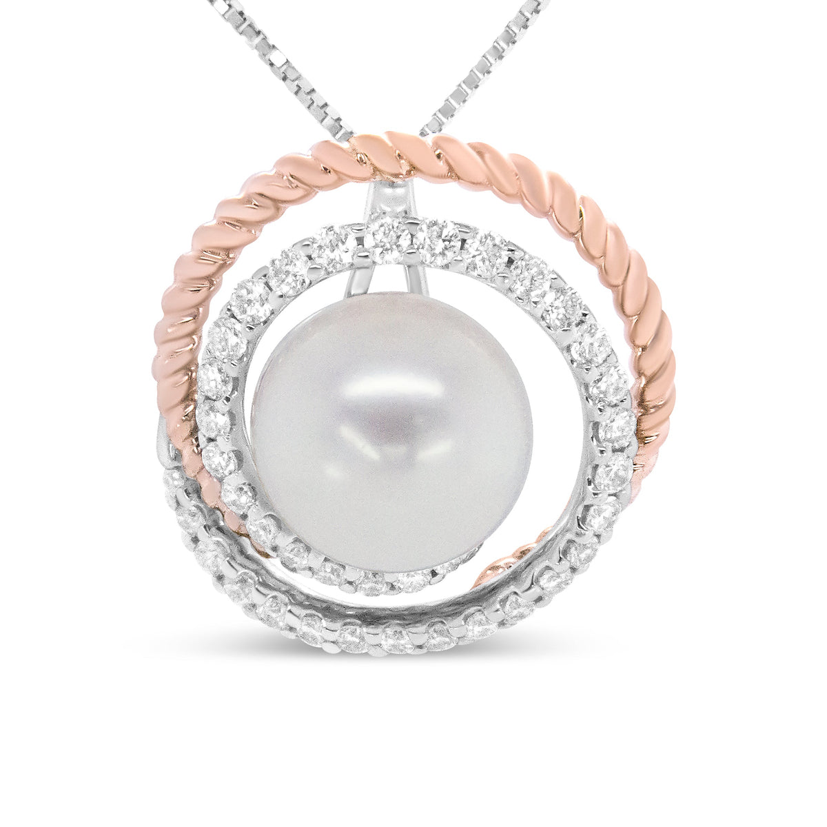 14K Rose and White Gold 3/8 Cttw Pave Diamond and 9mm Round Pearl Spiral Openwork 18