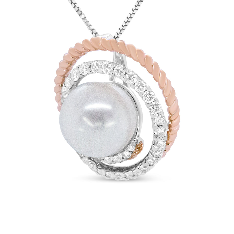 14K Rose and White Gold 3/8 Cttw Pave Diamond and 9mm Round Pearl Spiral Openwork 18