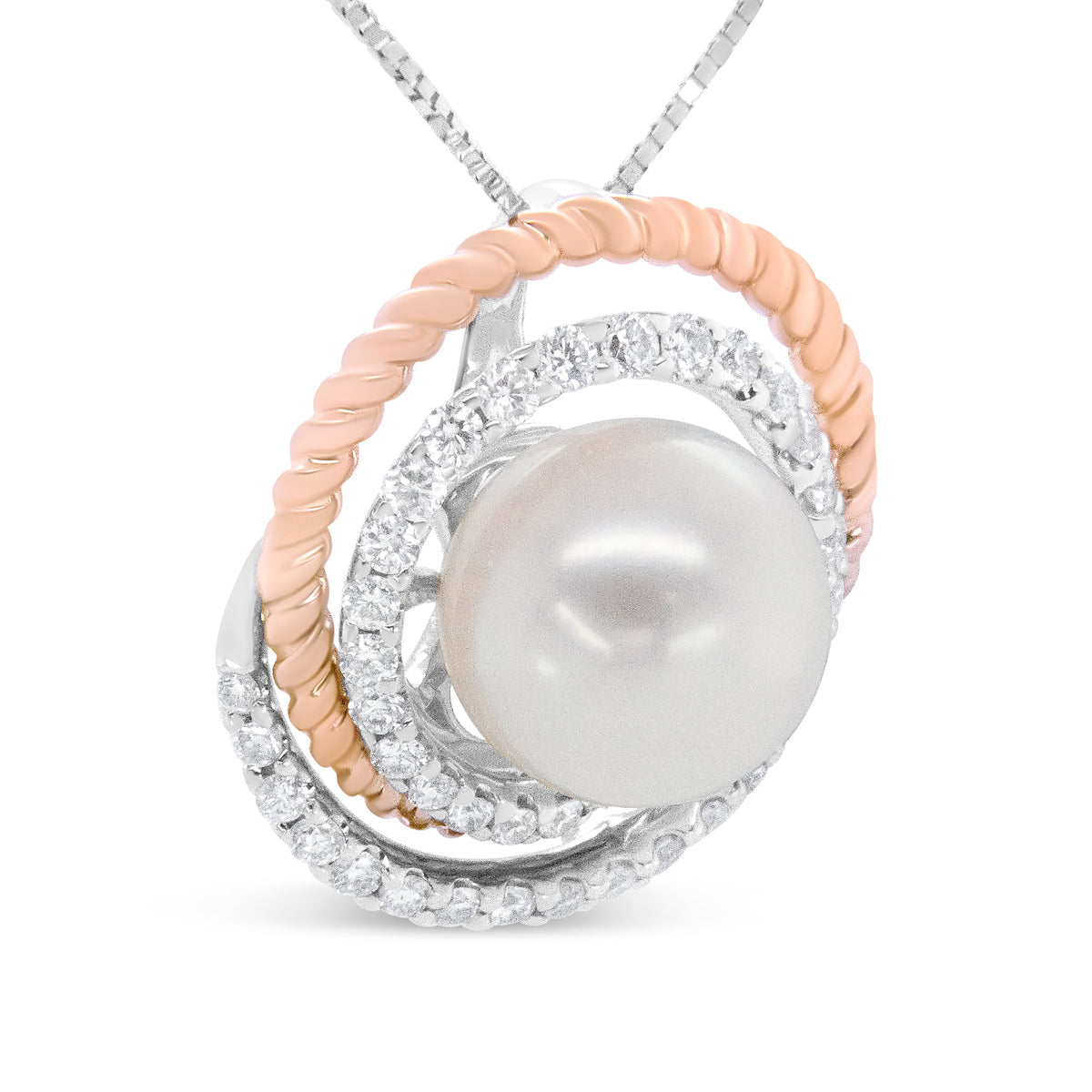 14K Rose and White Gold 3/8 Cttw Pave Diamond and 9mm Round Pearl Spiral Openwork 18