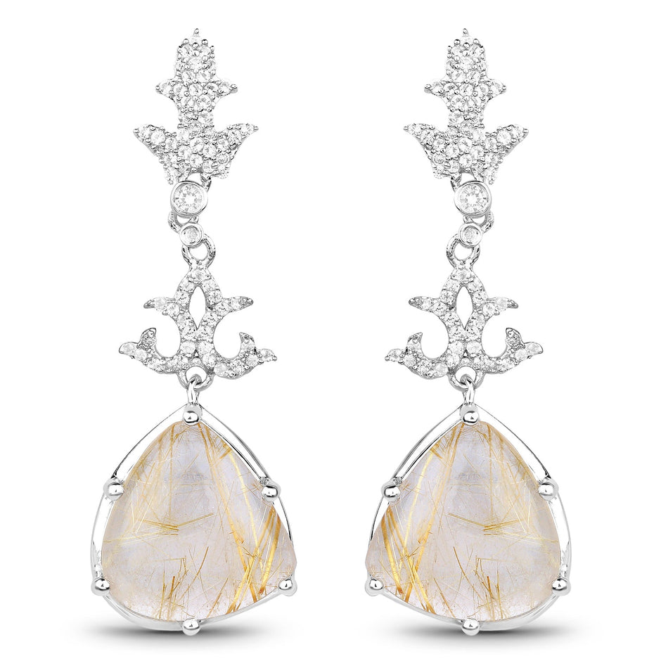 15.97 Carat Genuine Golden Rutile And White Topaz .925 Sterling Silver Earrings