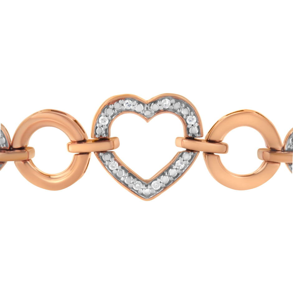 10K Rose Gold over .925 Sterling Silver 1/10 Cttw Round-Cut Diamond Heart Link Adjustable Bolo Bracelet (H-I Color, I2-I3 Clarity) - 6