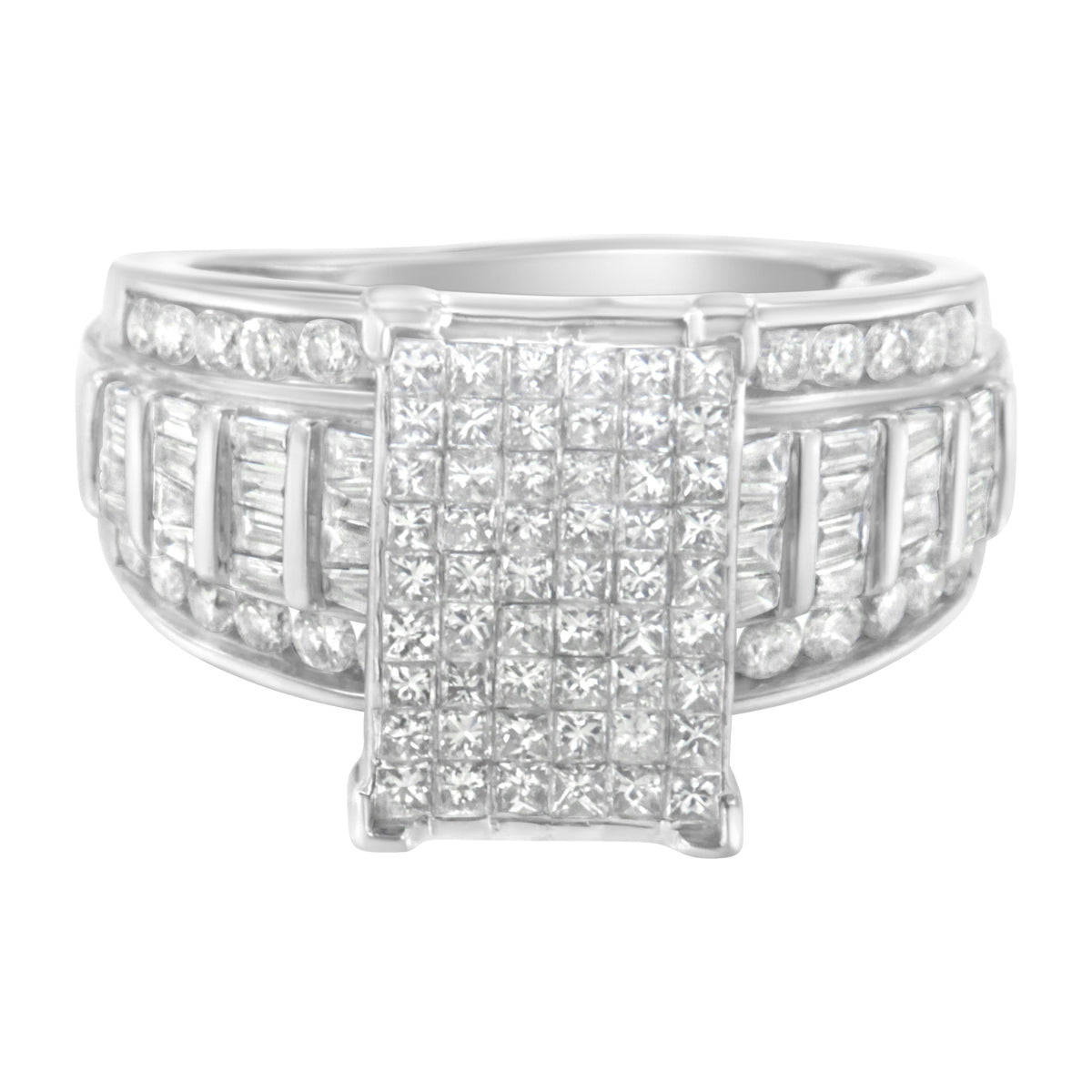 14K White Gold 2.0 Cttw Mixed-Cut Diamond Rectangle Invisible-Set Composite Cluster Ring with Bar- and Channel-Set Band (H-I Color, SI2-I1 Clarity) - Size 5