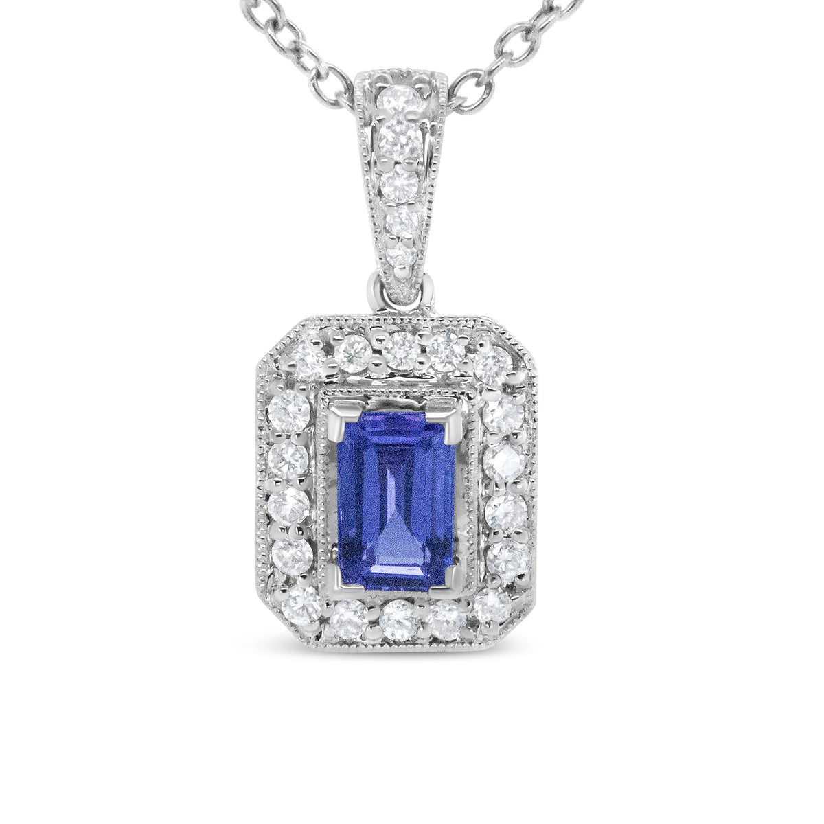 18K White Gold 1/4 Cttw Round Diamond and 6x4mm Purple Tanzanite Halo 18