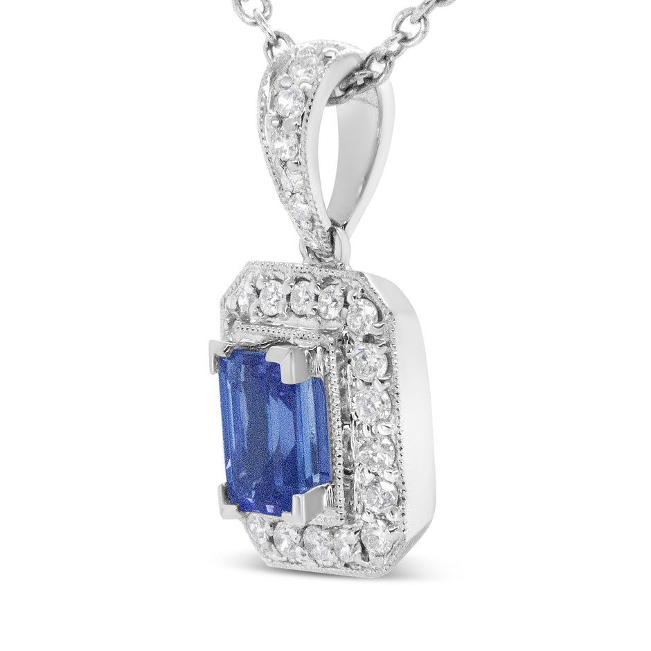 18K White Gold 1/4 Cttw Round Diamond and 6x4mm Purple Tanzanite Halo 18