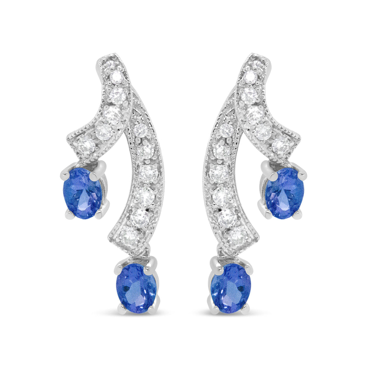 14K White Gold 4x3MM Oval Shaped Natural Blue Tanzanite Gemstone and 1/5 Cttw Diamond Double 3/4