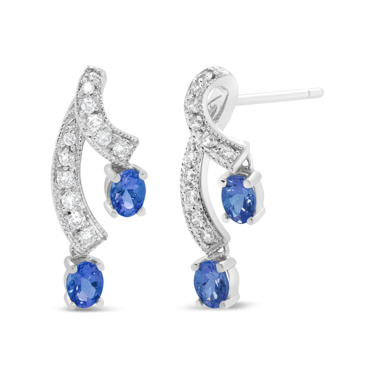 14K White Gold 4x3MM Oval Shaped Natural Blue Tanzanite Gemstone and 1/5 Cttw Diamond Double 3/4