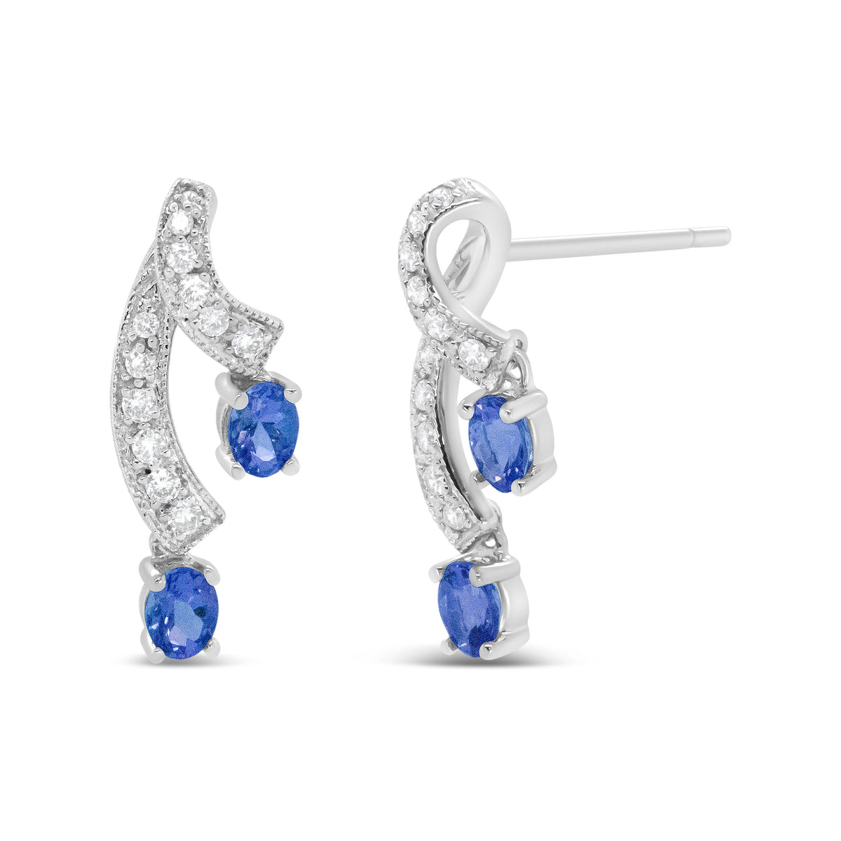 14K White Gold 4x3MM Oval Shaped Natural Blue Tanzanite Gemstone and 1/5 Cttw Diamond Double 3/4