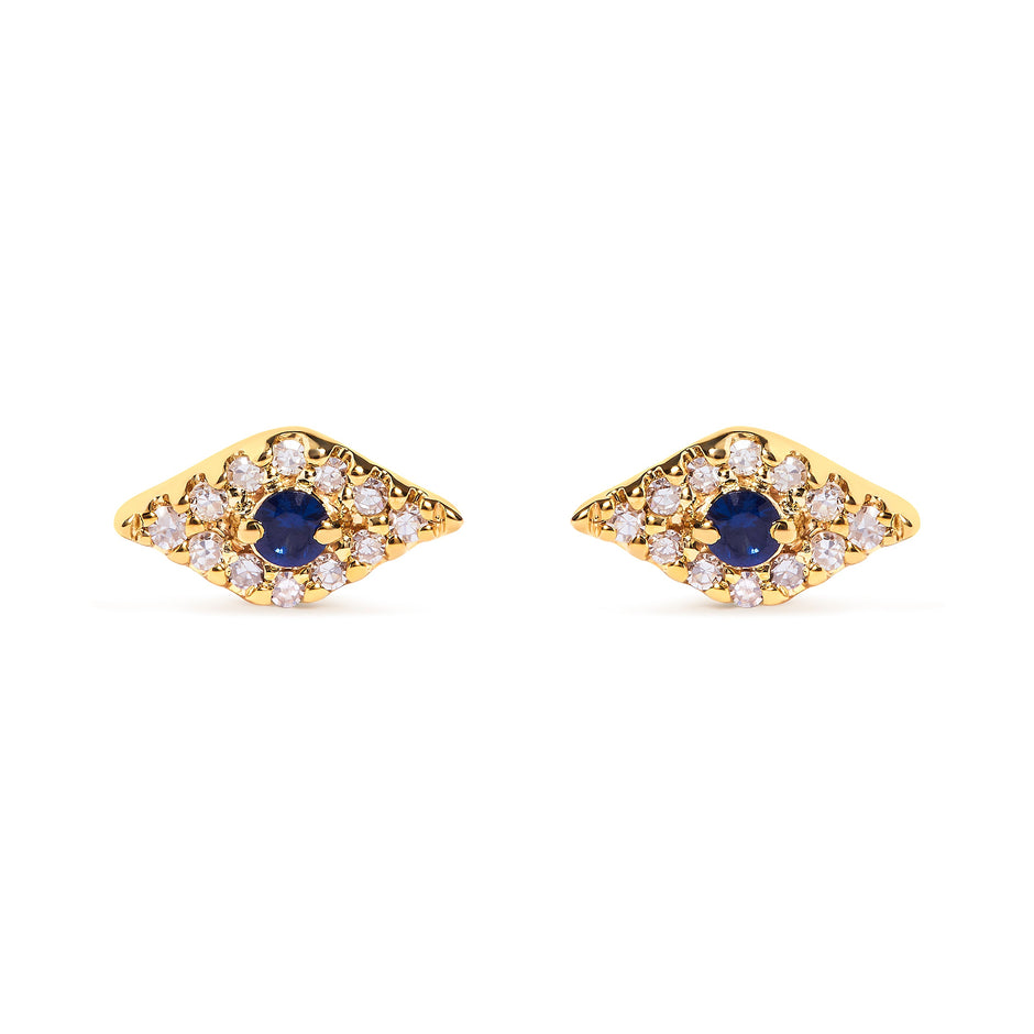 10K Yellow Gold Blue Sapphire and Diamond Accent Evil Eye Stud Earring (H-I Color, I1-I2 Clarity)