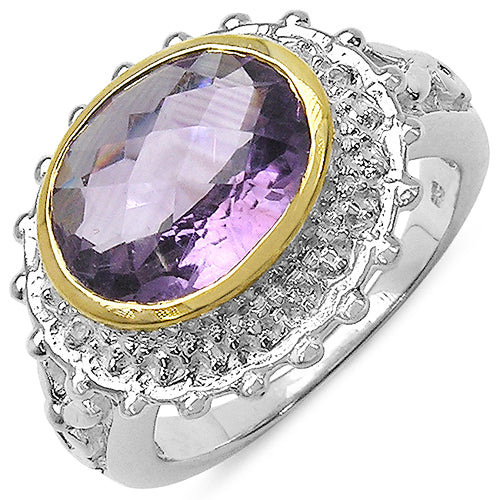 Two Tone Plated 4.36 Carat Genuine Amethyst & White Topaz .925 Sterling Silver Ring