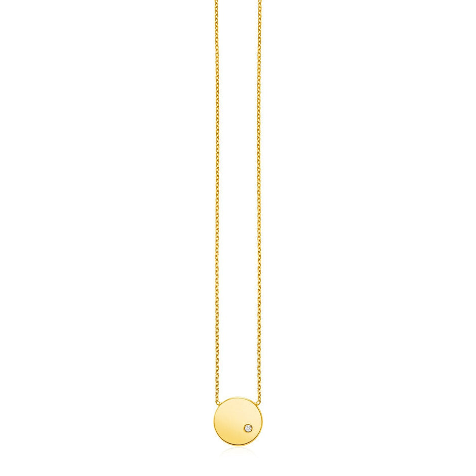 14k Yellow Gold Necklace with Polished Round Pendant with Diamond