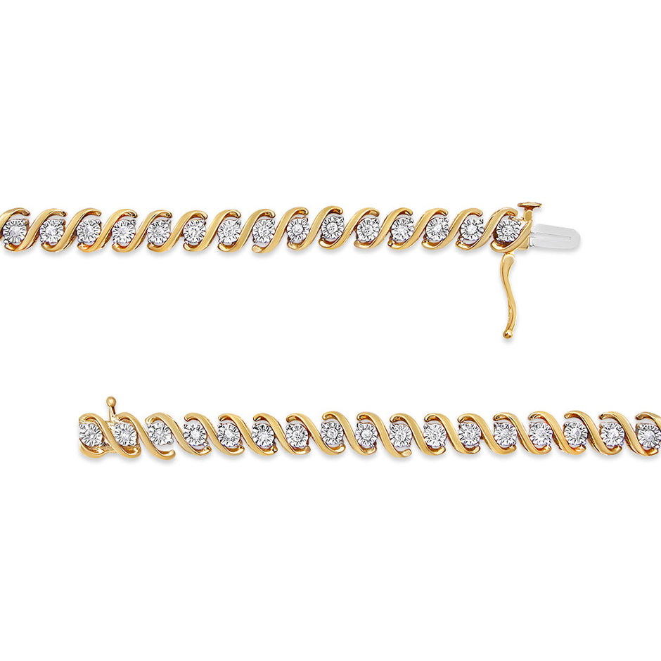 14K Yellow Gold Plated .925 Sterling Silver 1/2 Cttw Round Miracle-Set Diamond S-Curve Tennis Bracelet (I-J Color, I3 Clarity) - 7