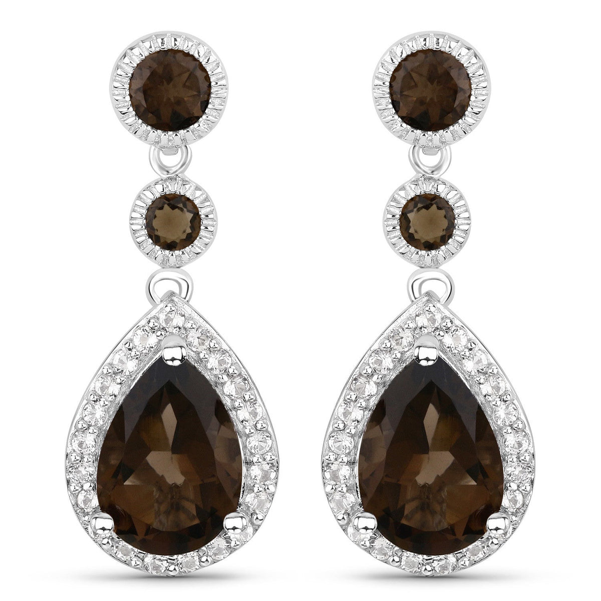 7.34 Carat Genuine Smoky Quartz and White Topaz .925 Sterling Silver Earrings