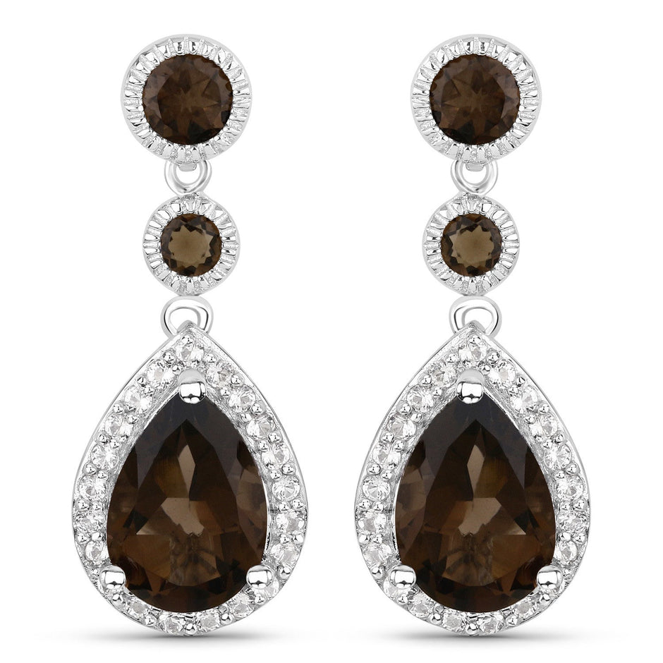 7.34 Carat Genuine Smoky Quartz and White Topaz .925 Sterling Silver Earrings