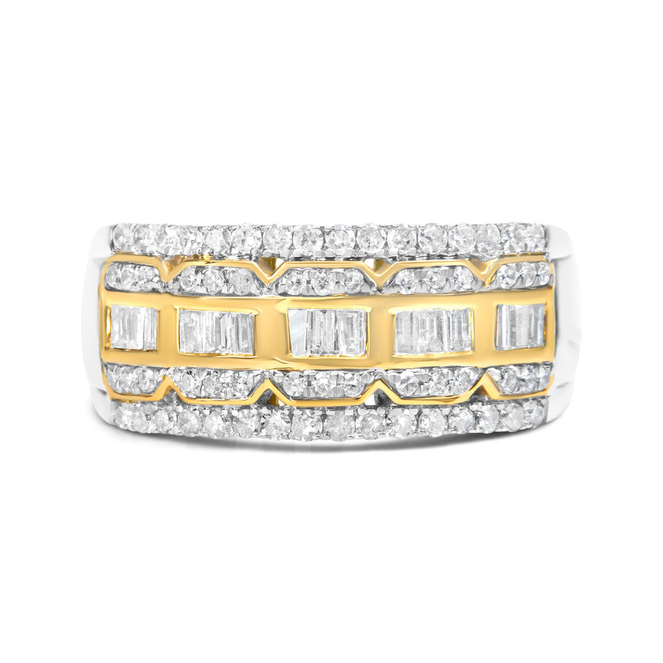 10K White and Yellow Gold 1.00 Cttw Baguette and Round cut Diamond Art Deco Multi-Row Ring Band (I-J Color, I1-I2 Clarity) - Ring Size 7
