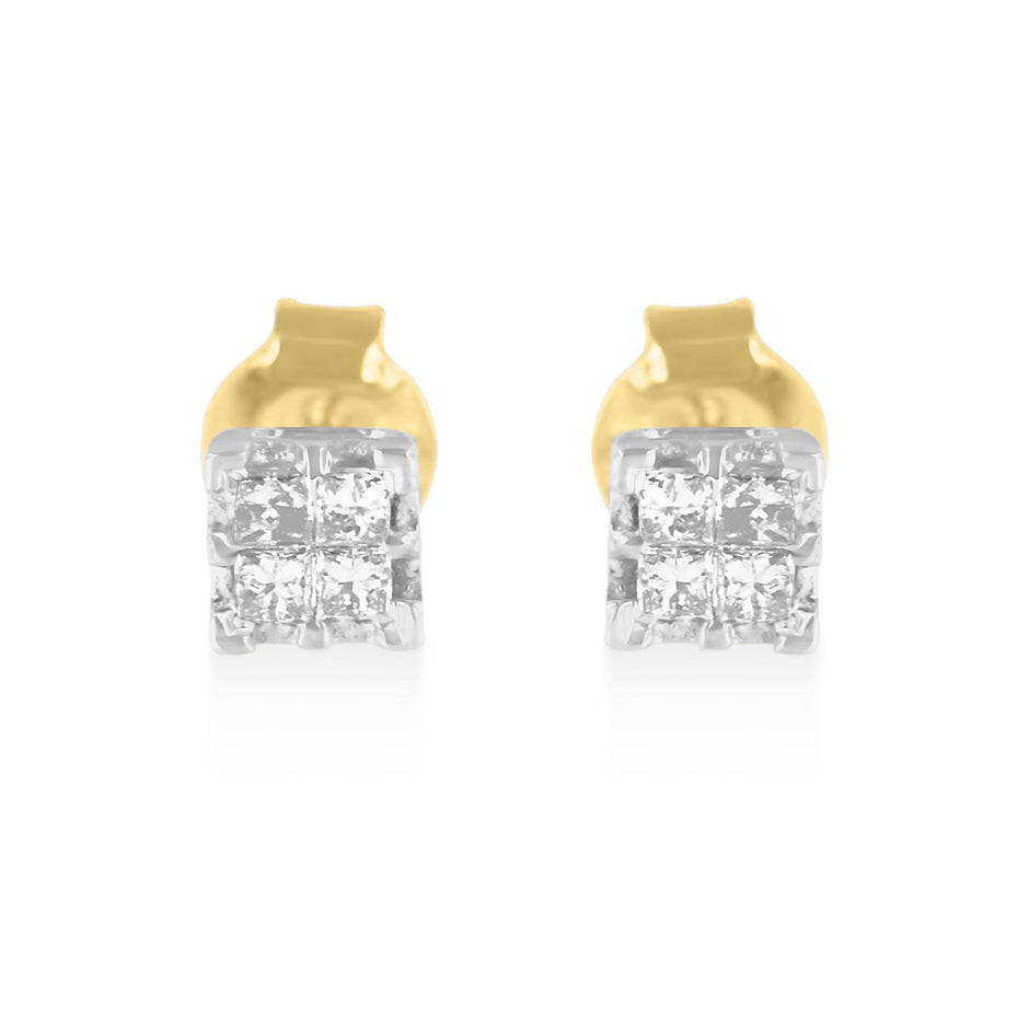 10k Yellow Gold Princess Diamond Quad Stud Earrings (1/4 cttw, J-K Color, I2-I3 Clarity)