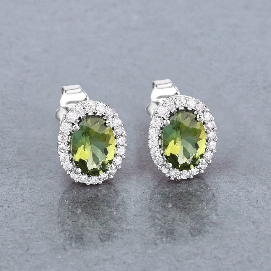 1.92 Carat Genuine Green Tourmaline and White Diamond 14K White Gold Earrings