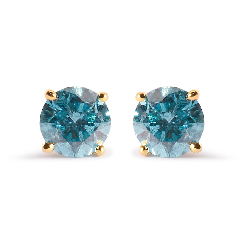14K Yellow Gold 1.0 Cttw Treated Aqua Blue Diamond Classic Solitaire Stud Earrings (Aqua Blue Color, I2-I3 Clarity)
