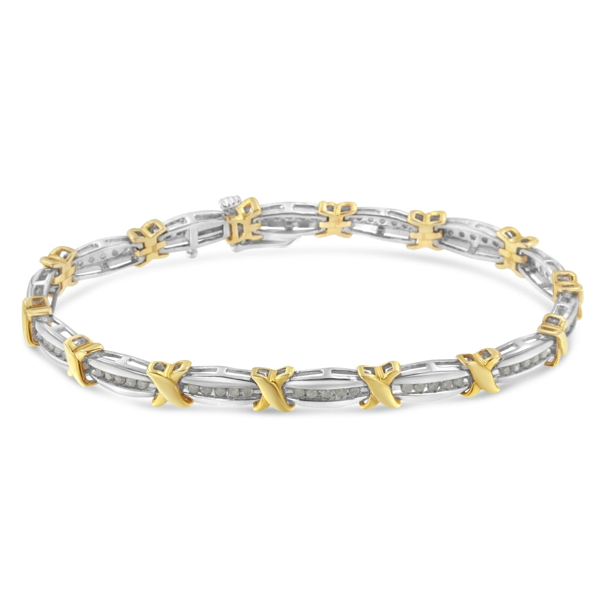 Two-Tone 10K Yellow Gold over .925 Sterling Silver 1.0 Cttw Diamond Channel Set Tapered & X-Link 7
