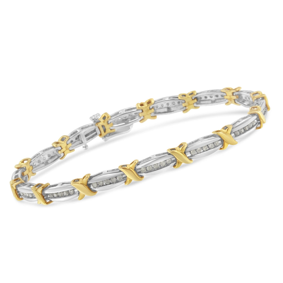 Two-Tone 10K Yellow Gold over .925 Sterling Silver 1.0 Cttw Diamond Channel Set Tapered & X-Link 7