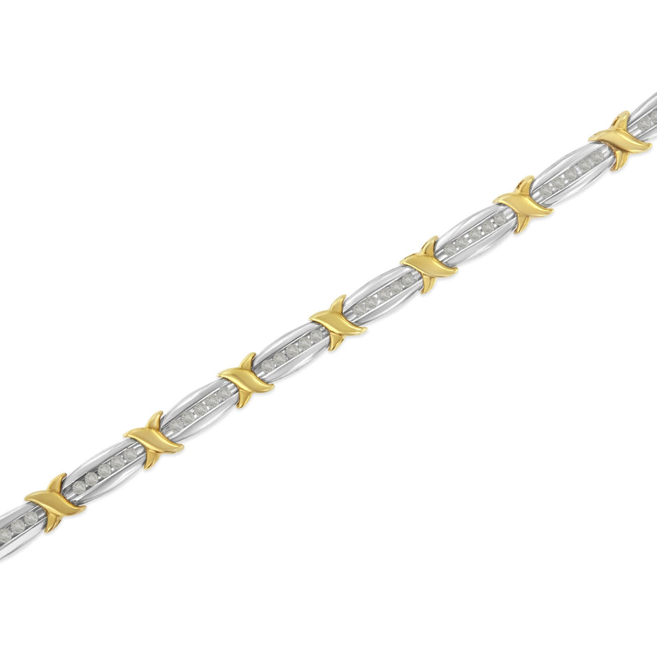 Two-Tone 10K Yellow Gold over .925 Sterling Silver 1.0 Cttw Diamond Channel Set Tapered & X-Link 7