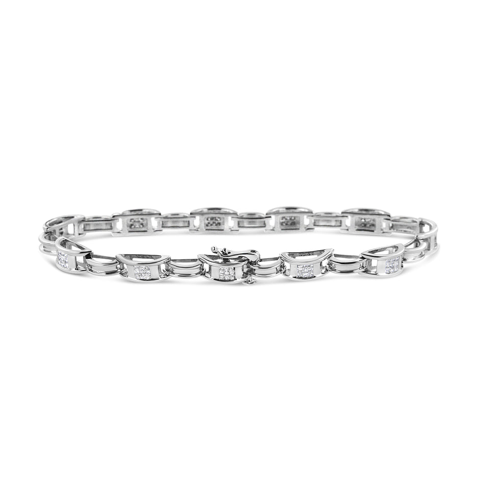 14K White Gold 1.0 Cttw Invisible Set Princess Diamond Alternating Link Tennis Bracelet (I-J Color, I1-I2 Clarity) - 7.25