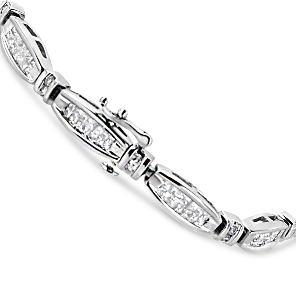 14K White Gold 2.0 Cttw Princess and Round Diamond Bar and Link Bracelet (I-J Color, I1-I2 Clarity) - 7.25