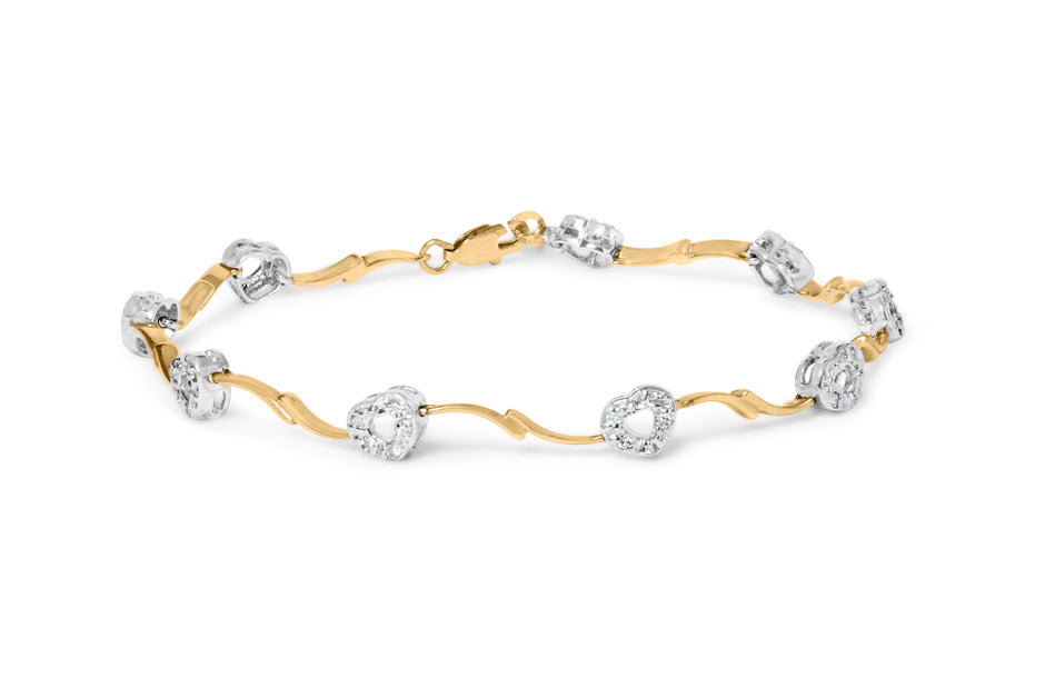 10k Two-Tone Gold 1/3 Cttw Diamond Pave Set Heart S-Link 7.25" Bracelet (I-J Color, I2-I3 Clarity)