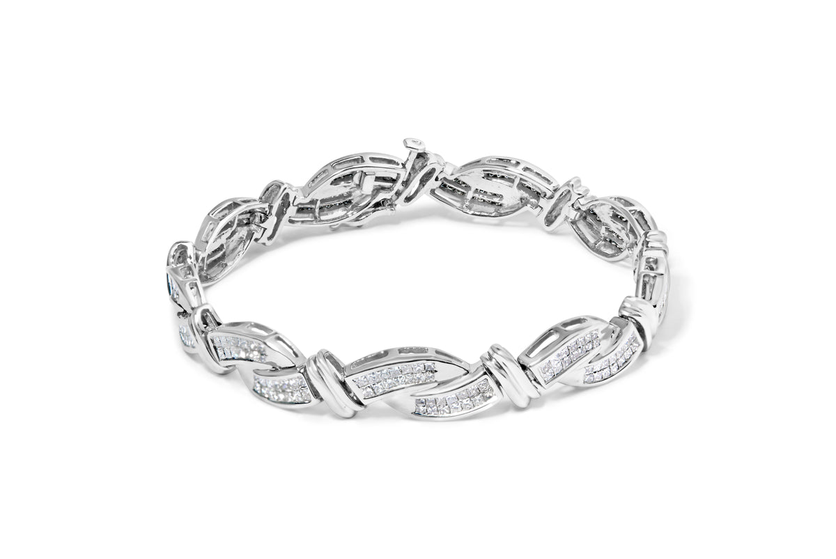 14K White Gold 4.0 Cttw Invisble Set Princess-Cut Diamond Wave Style Link Bracelet (H-I Color, SI2-I1 Clarity) - 7