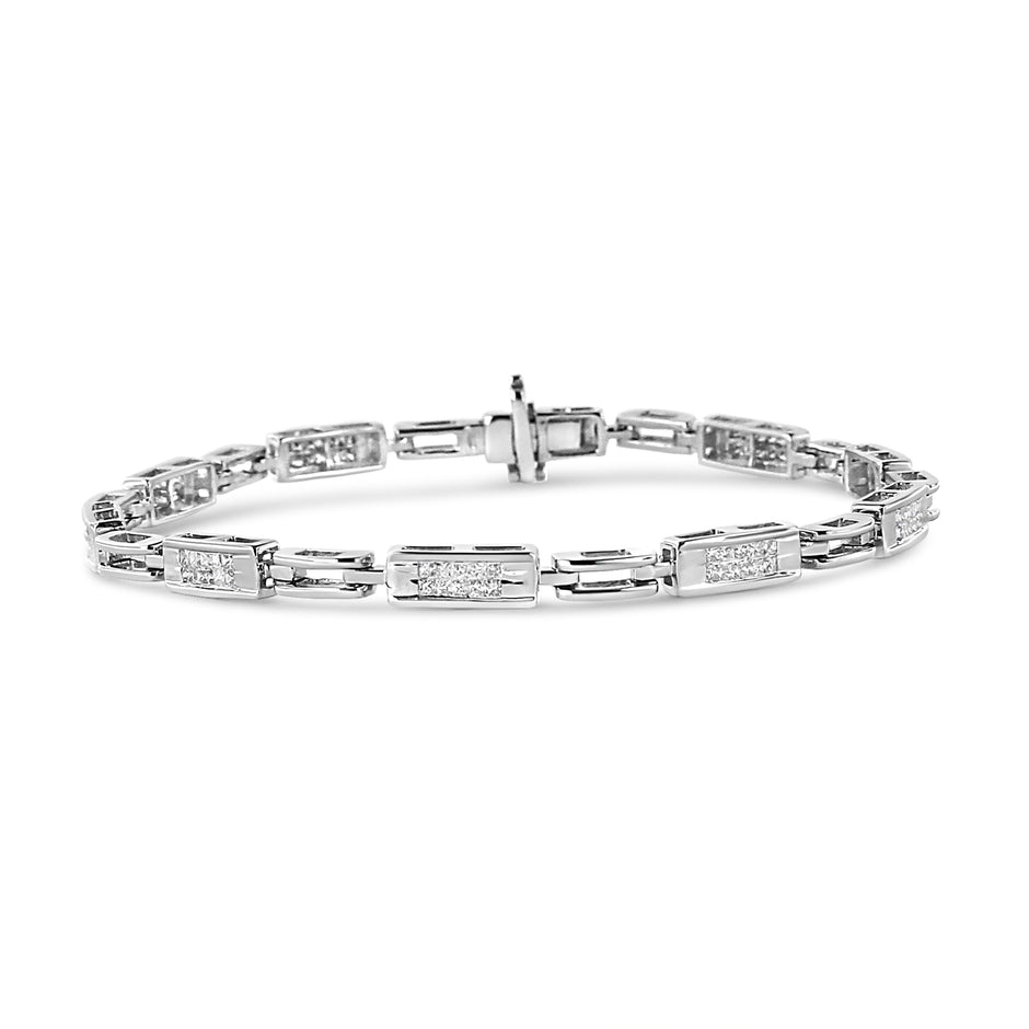 14K White Gold 1.0 Cttw Invisible Set Princess Cut Diamond Alternating Station and Link Tennis Bracelet (I-J Color, I1-I2 Clarity) - Size 7.25