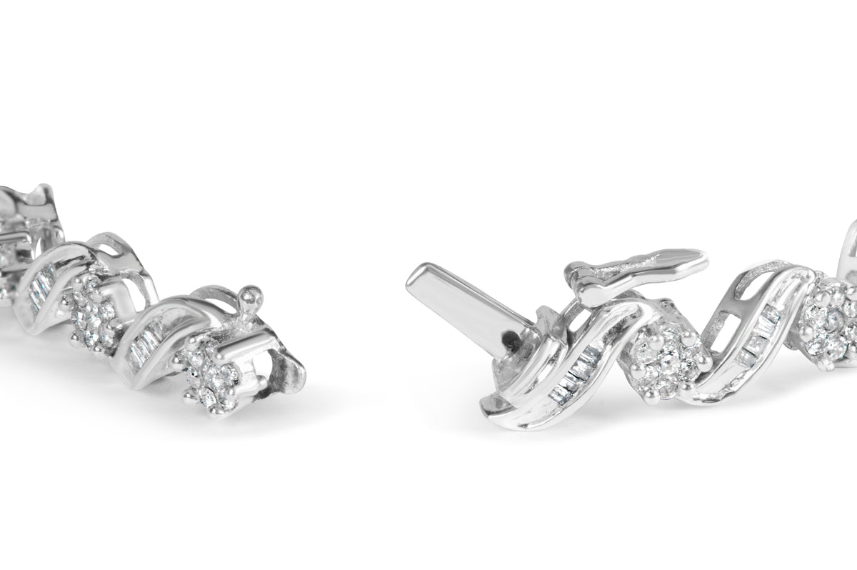 14K White Gold 2.00 Cttw Diamond Cluster and Spiral Link Bracelet (I-J Color, I1-I2 Clarity) - 7