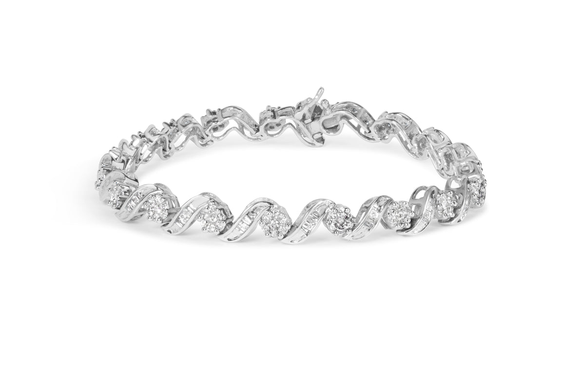 14K White Gold 2.00 Cttw Diamond Cluster and Spiral Link Bracelet (I-J Color, I1-I2 Clarity) - 7