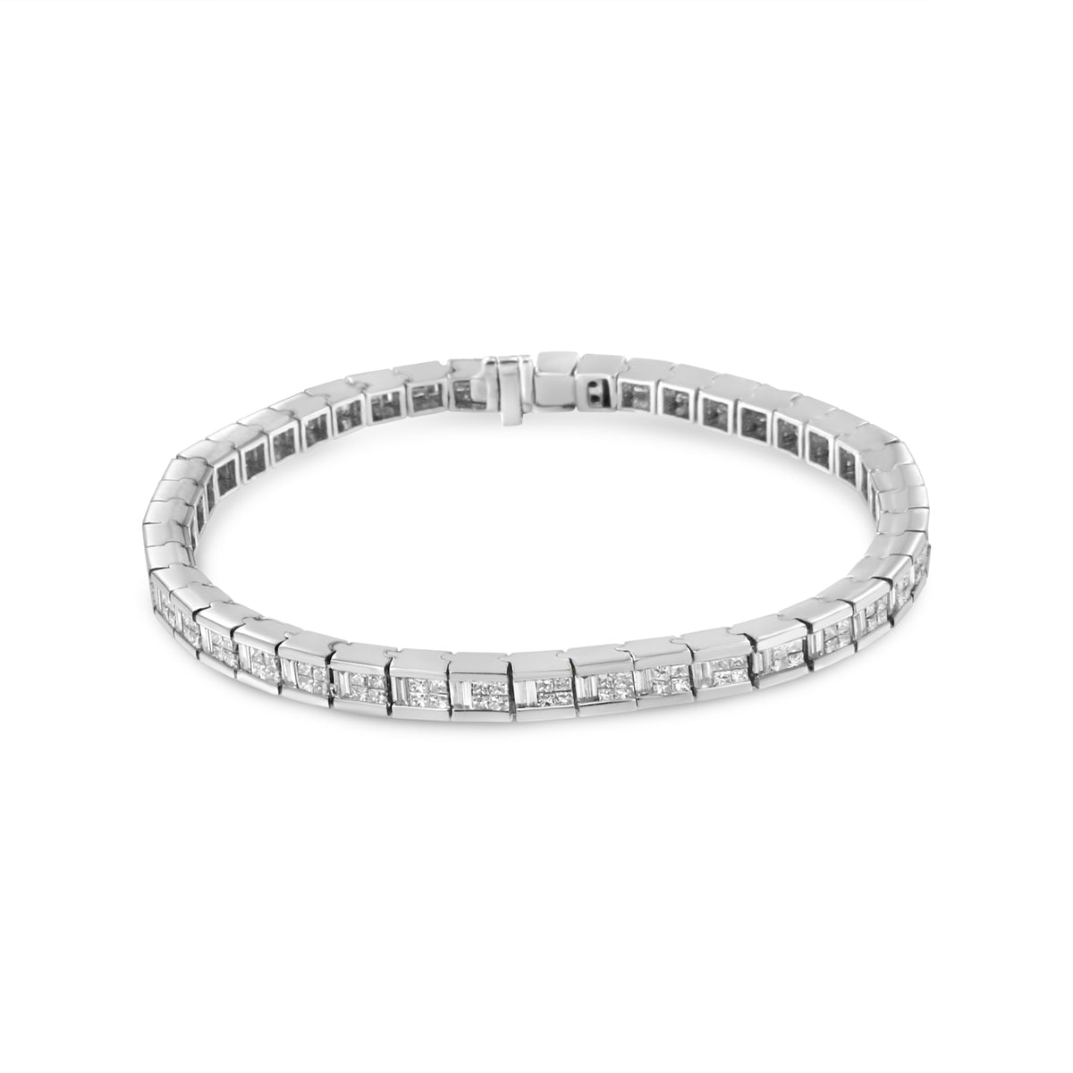 14K White Gold 4 3/8 Cttw Alternating Invisible Set Princess and Baguette Diamond Tennis Bracelet (G-H Color, VS1-VS2 Clarity) - Size 7