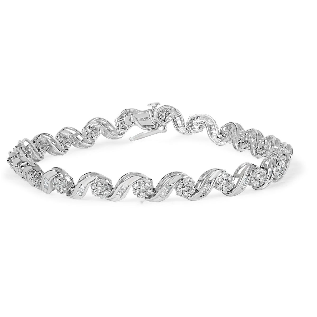 10K White Gold 2.00 Cttw Round-Cut and Baguette-Cut Diamond Floral Design Swirl Link 7