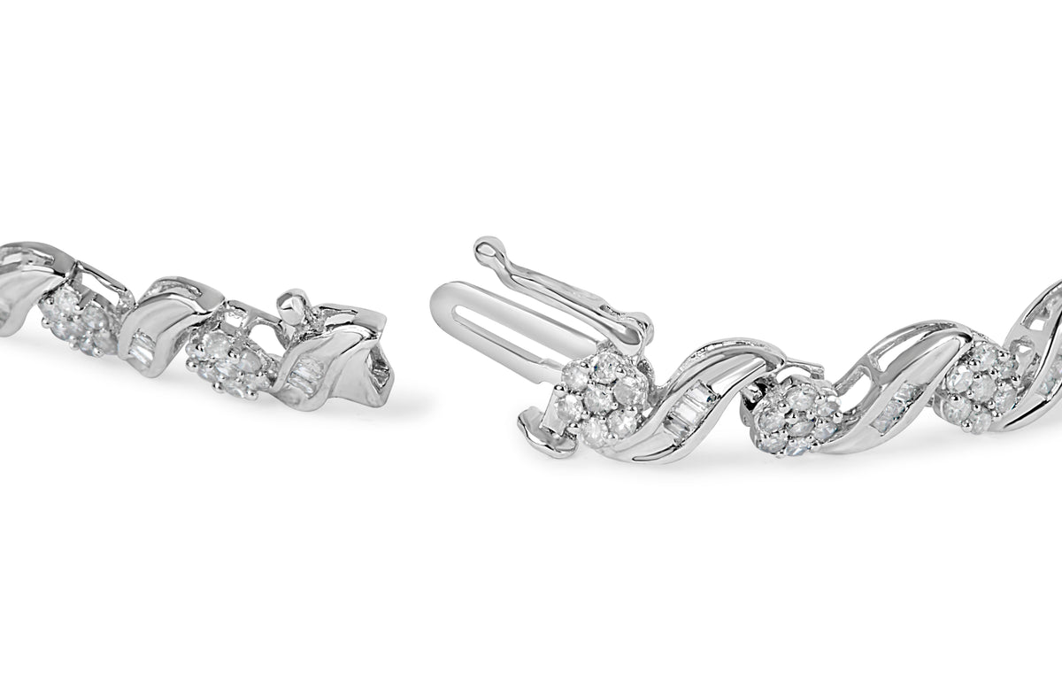 10K White Gold 2.00 Cttw Round-Cut and Baguette-Cut Diamond Floral Design Swirl Link 7