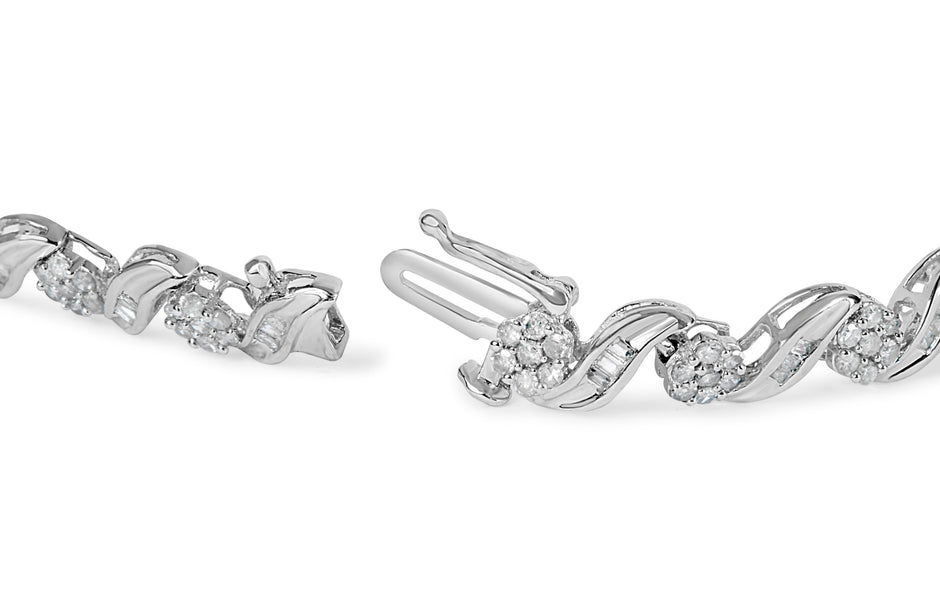10K White Gold 2.00 Cttw Round-Cut and Baguette-Cut Diamond Floral Design Swirl Link 7