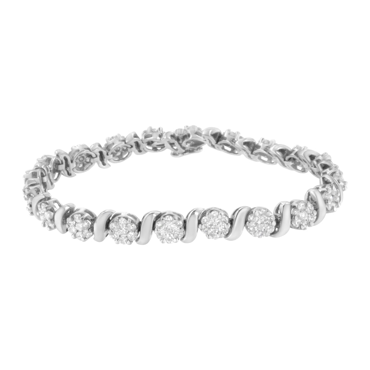 14K White Gold 5 1/4 cttw Diamond S-Link Floral Cluster Tennis Bracelet (I-J Clarity, SI2-I1 Color) - Size 7