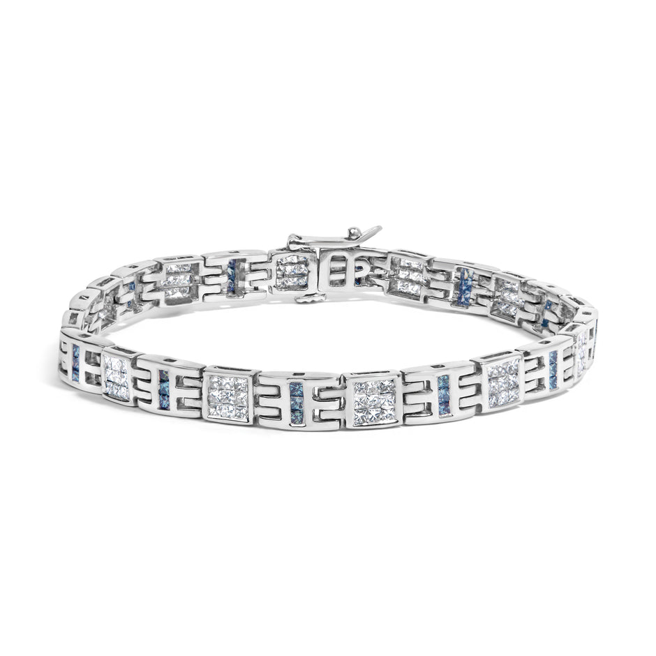 14K White Gold Princess-Cut white and Blue Diamond 3.00 cttw Fashion Link Bracelet (H-I Color, SI1-SI2 Clarity)