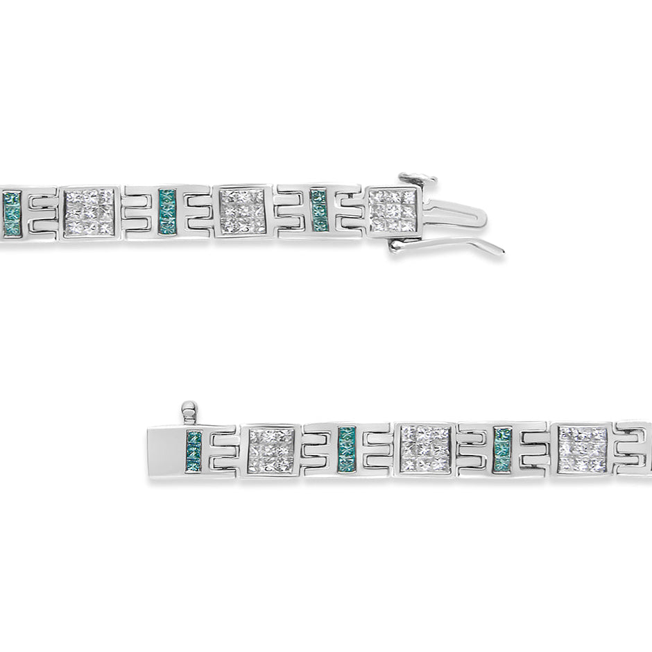 14K White Gold Princess-Cut white and Blue Diamond 3.00 cttw Fashion Link Bracelet (H-I Color, SI1-SI2 Clarity)