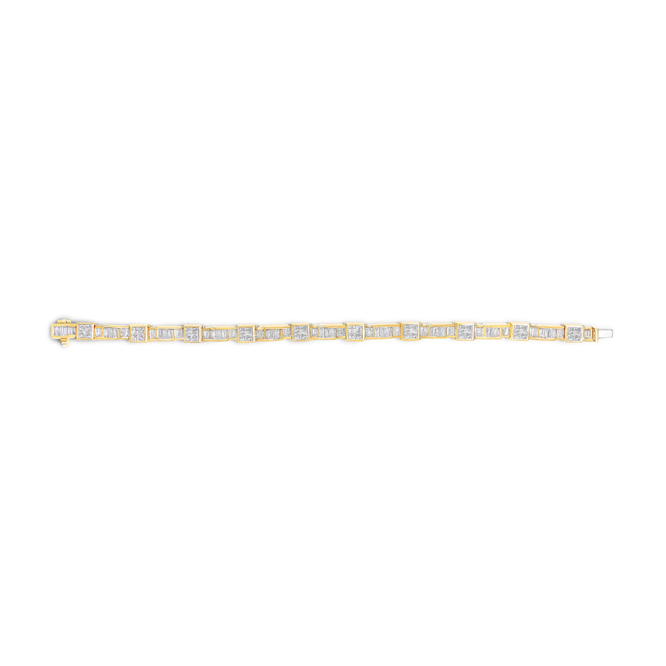 14K Yellow Gold 7.0 Cttw Baguette Cut Diamond Alternating Box and Wave Link Bracelet (G-H Color, VS1-VS2 Clarity) - 7