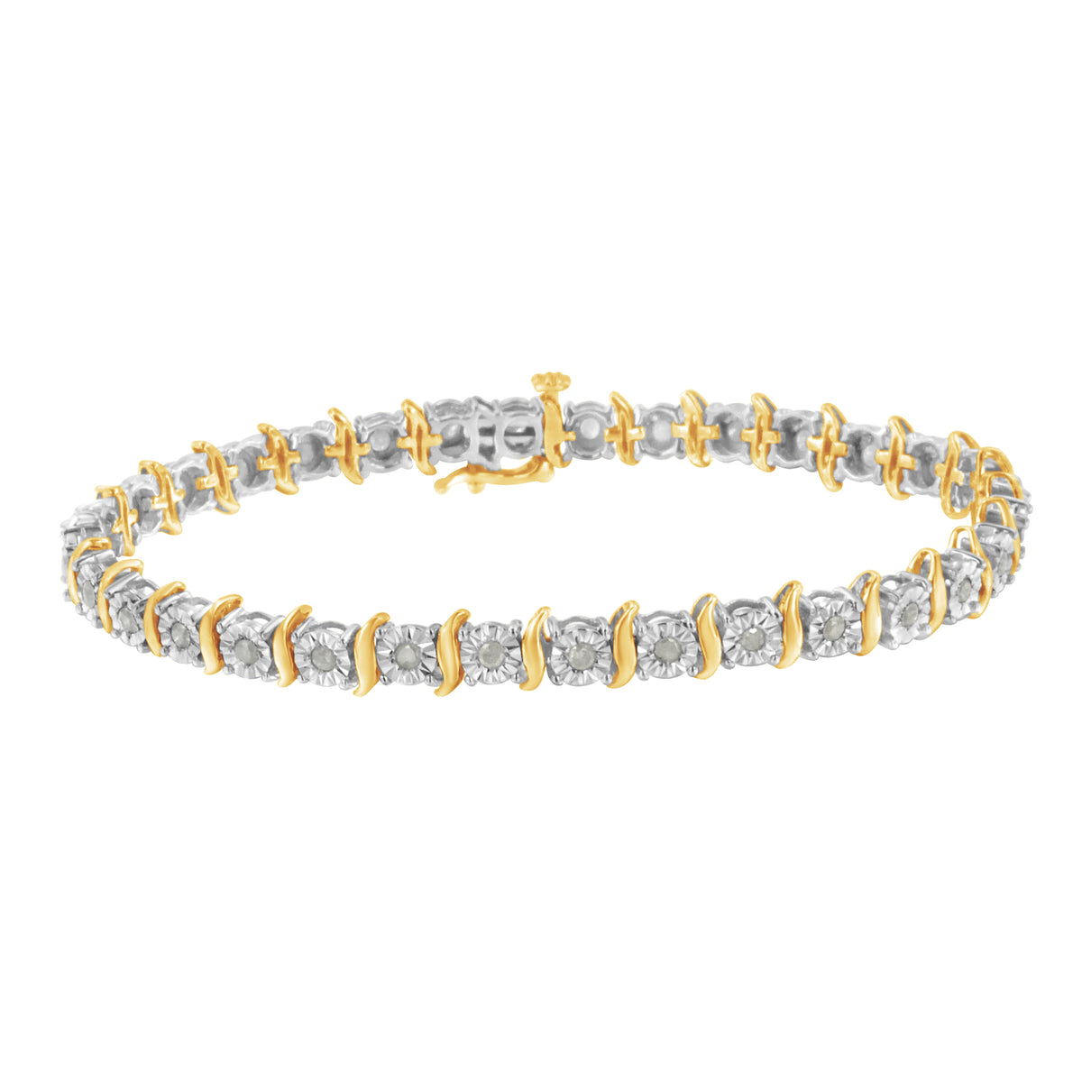 Two-Tone 10K Yellow Gold over .925 Sterling Silver 1.0 Cttw Diamond S-Curve Link Miracle-Set Tennis Bracelet (I-J Color, I3 Clarity) - 7