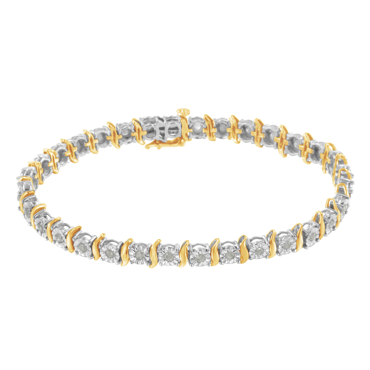 Two-Tone 10K Yellow Gold over .925 Sterling Silver 1.0 Cttw Diamond S-Curve Link Miracle-Set Tennis Bracelet (I-J Color, I3 Clarity) - 7