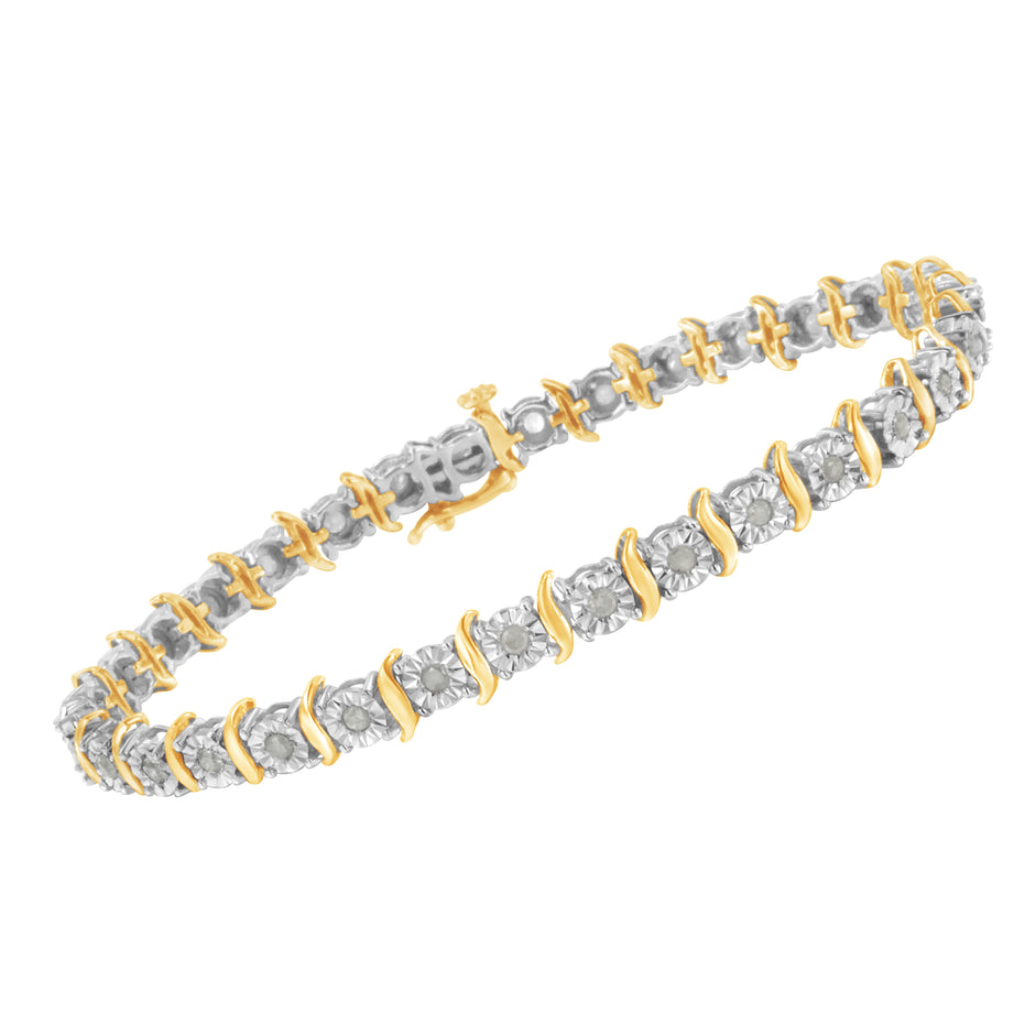 Two-Tone 10K Yellow Gold over .925 Sterling Silver 1.0 Cttw Diamond S-Curve Link Miracle-Set Tennis Bracelet (I-J Color, I3 Clarity) - 7