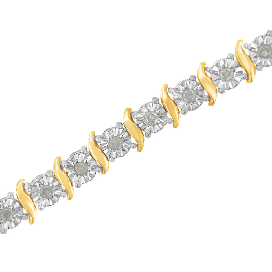 Two-Tone 10K Yellow Gold over .925 Sterling Silver 1.0 Cttw Diamond S-Curve Link Miracle-Set Tennis Bracelet (I-J Color, I3 Clarity) - 7