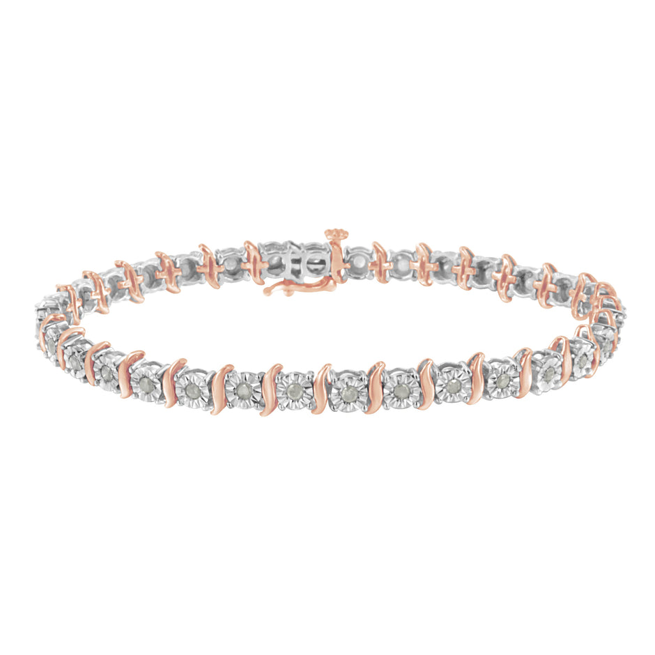 Two-Tone 10K Yellow Gold over .925 Sterling Silver 1.0 Cttw Diamond S-Curve Link Miracle-Set Tennis Bracelet (I-J Color, I3 Clarity) - 7