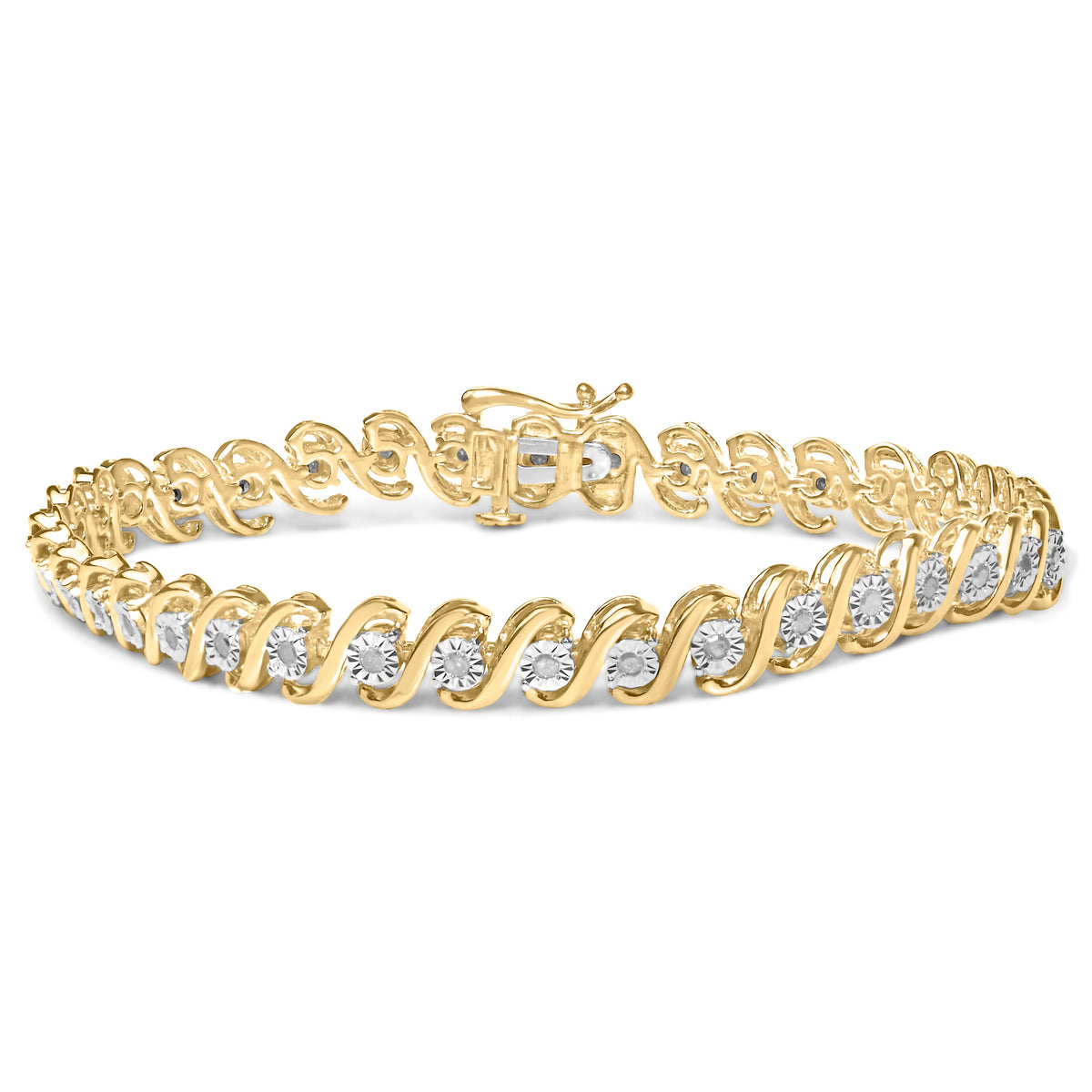 14K Yellow Gold Plated .925 Sterling Silver 1/2 Cttw Round Miracle-Set Diamond S-Curve Tennis Bracelet (I-J Color, I3 Clarity) - 7