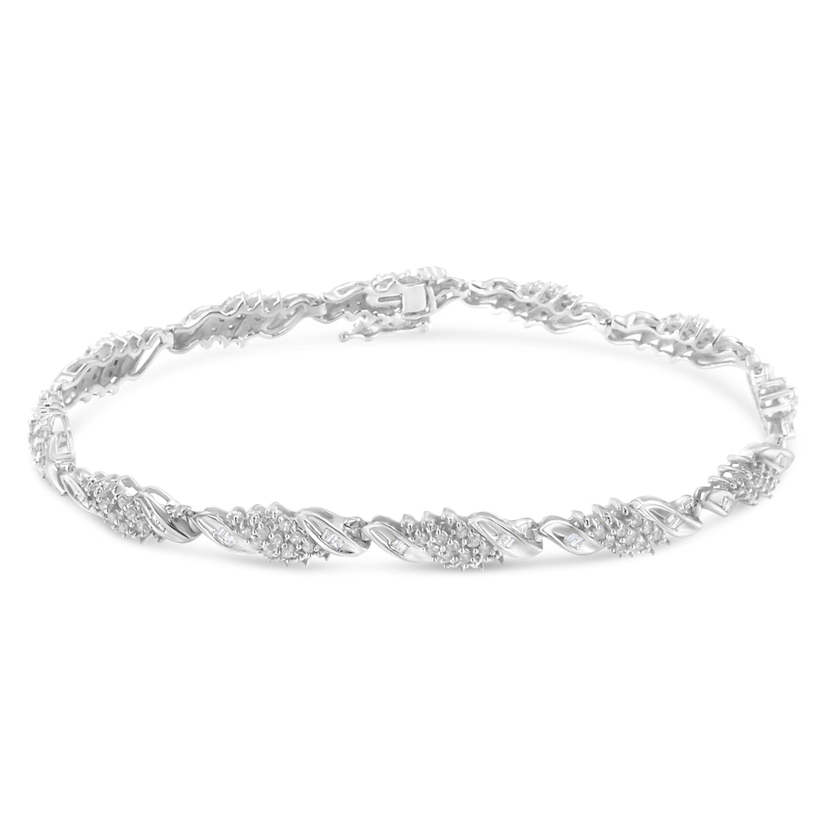 .925 Sterling Silver 1-1/2 Cttw Round and Baguette Cut Diamond Wave Link Bracelet (I-J Color, I2-I3 Clarity) - 7