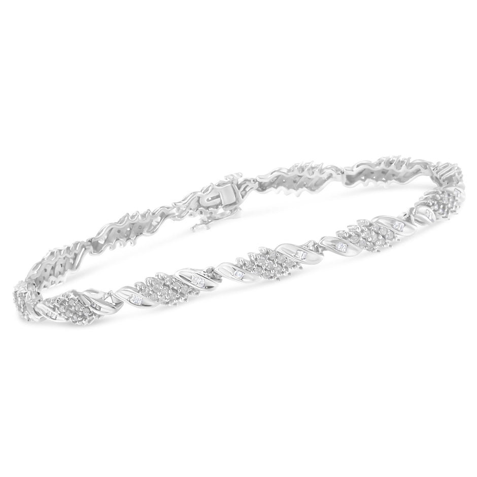.925 Sterling Silver 1-1/2 Cttw Round and Baguette Cut Diamond Wave Link Bracelet (I-J Color, I2-I3 Clarity) - 7