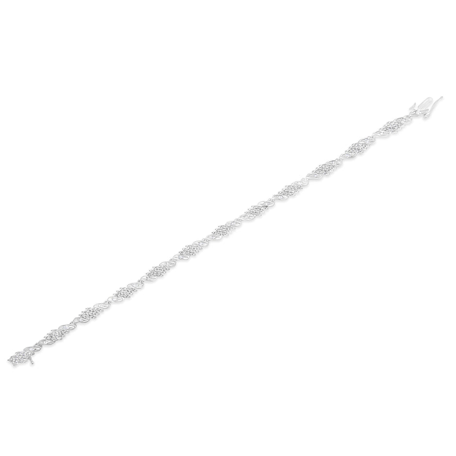 .925 Sterling Silver 1-1/2 Cttw Round and Baguette Cut Diamond Wave Link Bracelet (I-J Color, I2-I3 Clarity) - 7
