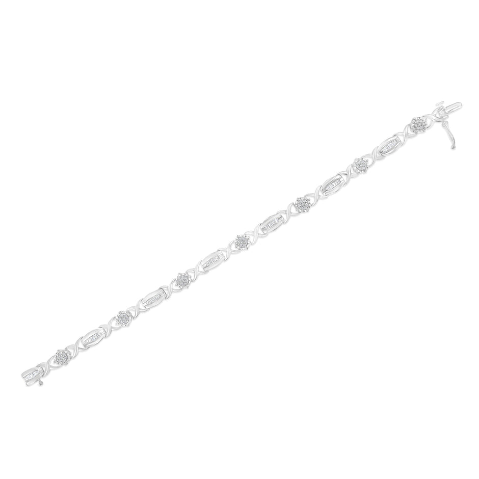 .925 Sterling Silver 1.0 Cttw Round-Cut and Baguette-Cut Diamond X-Link Bracelet (I-J Color, I1-I2 Clarity) - 7