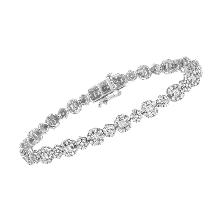 10K White Gold 4.0 cttw Brilliant Round-cut and Baguette Diamond Floral Cluster Link Bracelet (I-J Clarity, I1-I2 Color) - Size 7